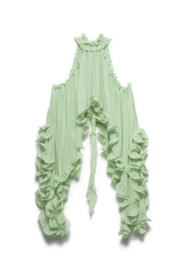 Zartes romantisches Drama Chiffon gewellte Rüschen Neckholder unregelmäßiges A-Linien-Top