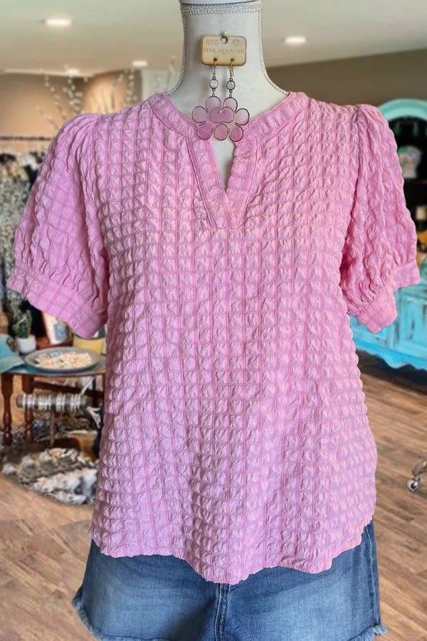Textured V-Neck Puff Sleeve Top