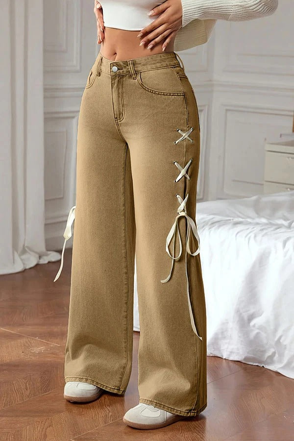 Fashionable Denim Mid Rise Side Ribbon Lace-up Pocket Wide Leg Jeans