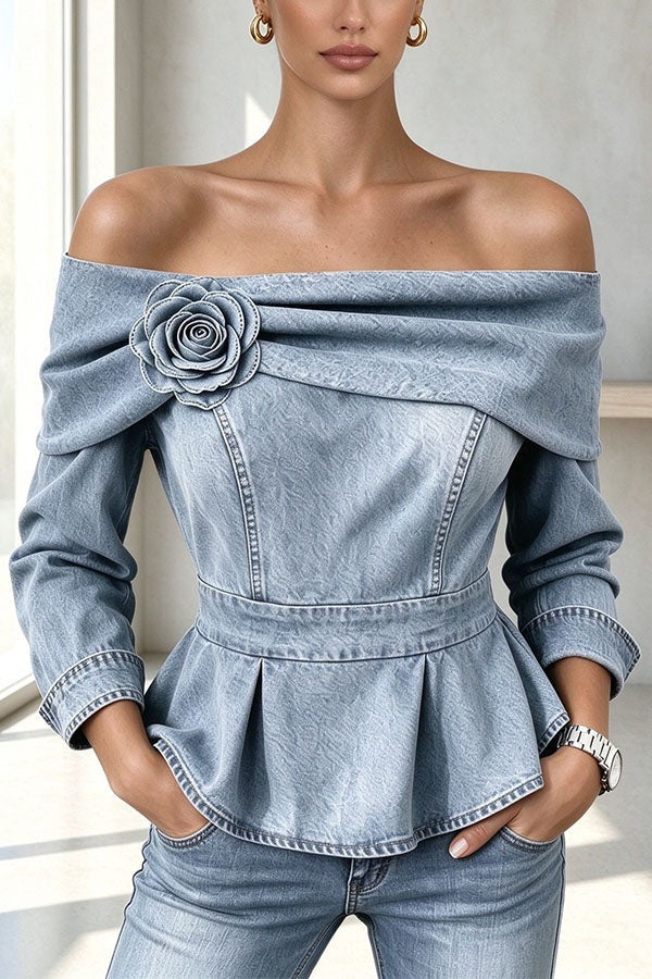 Off-Shoulder Denim Peplum Top with Rose Applique
