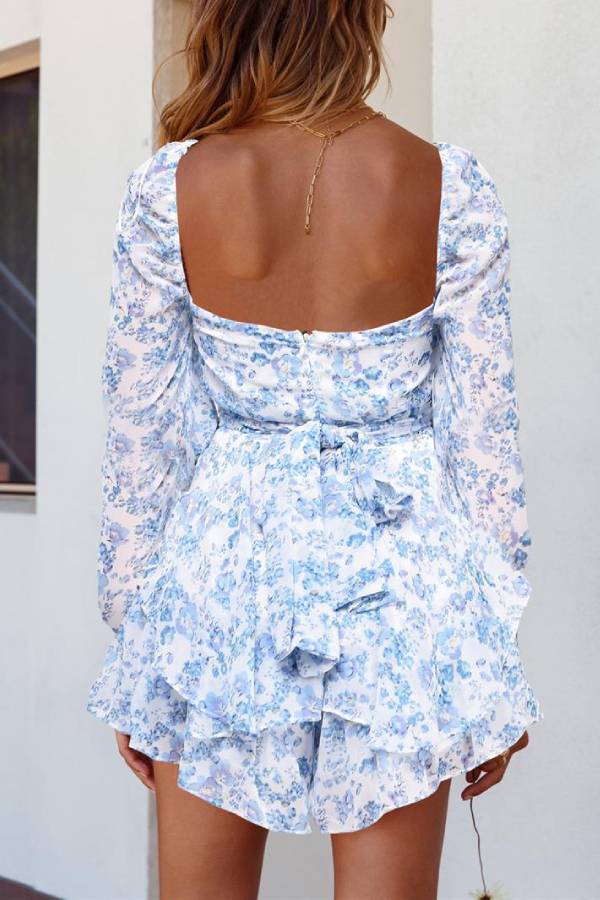 Square Neck Floral Long Sleeve Ruffle Romper