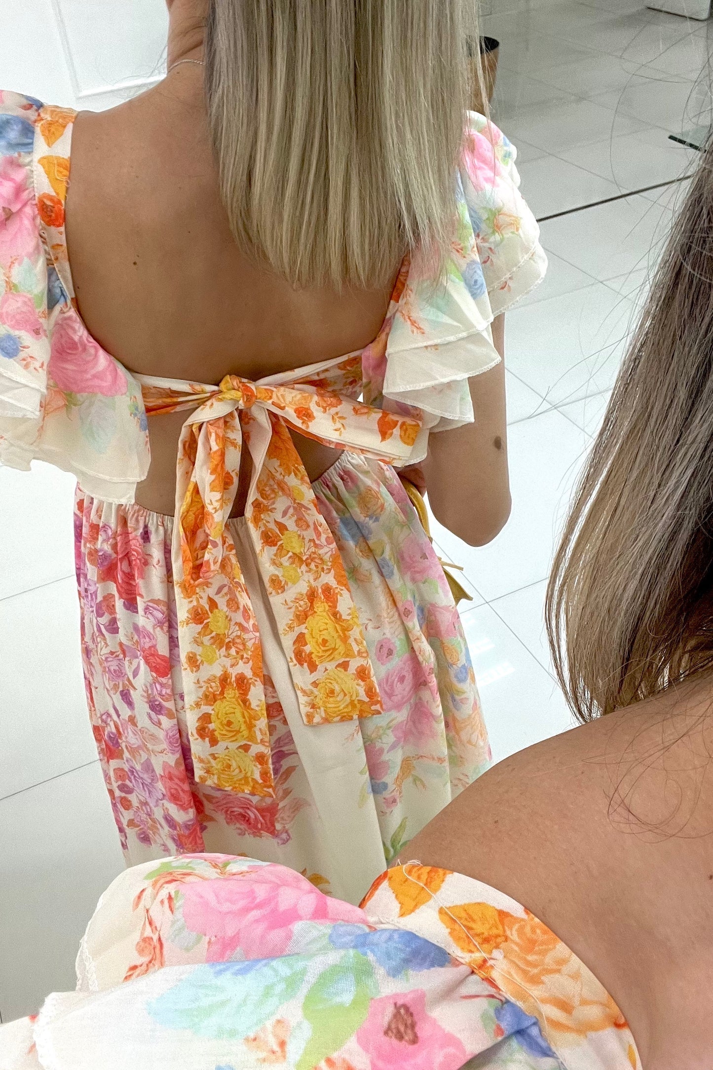 Blooming Beauty Multicolor Floral Frill Cutout Back Tie-Up Maxi Dress