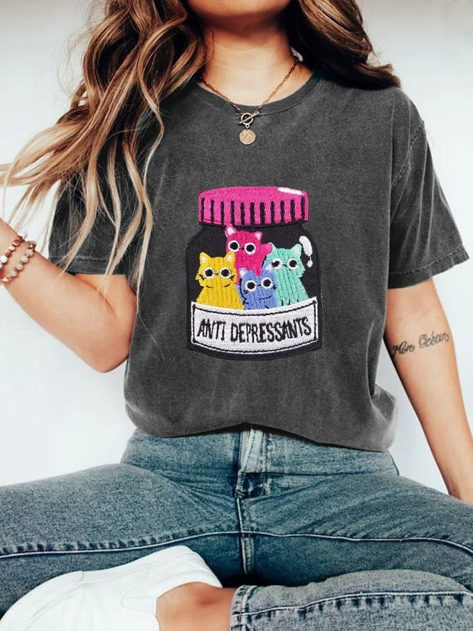 T-shirt imprimé chat amusant pour femme, antidépresseurs, santé mentale