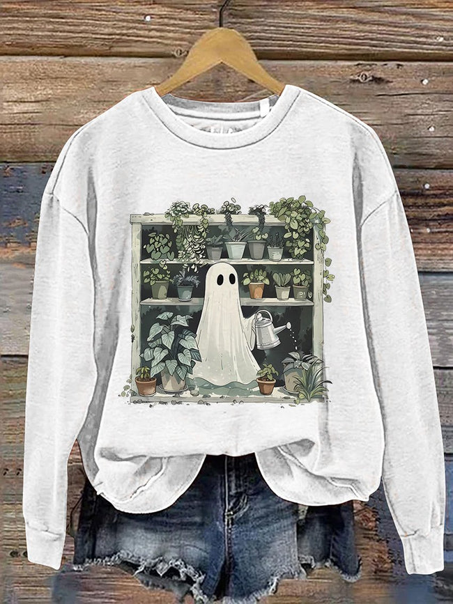 Ghost Plant Lady Halloween Plants Casual Print Sweatshirt