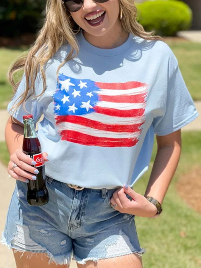 Women's Independence Day Watercolor Patriotic Flag Print T-Shirt