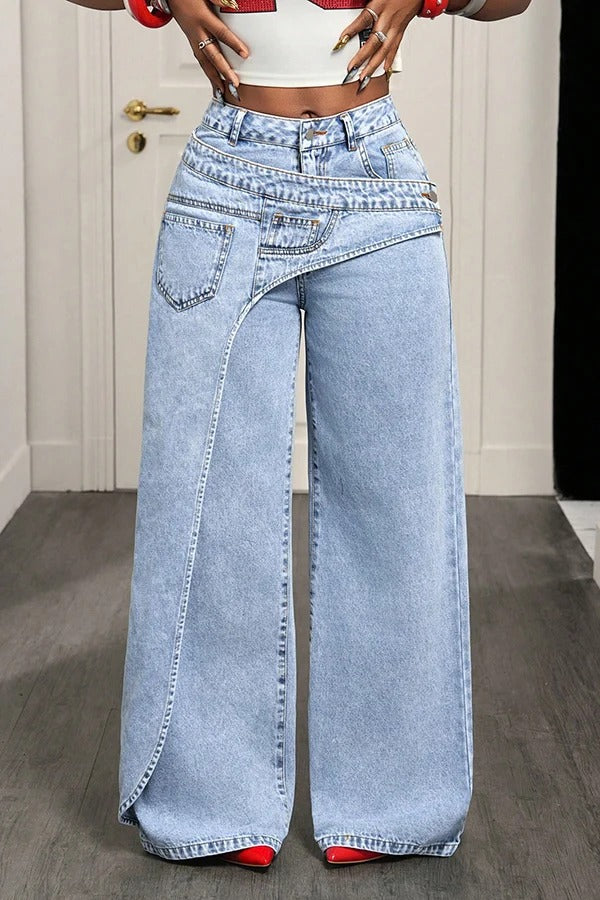 Sense of Design Denim Wrap Button Waist Pocketed Wide Leg Jeans