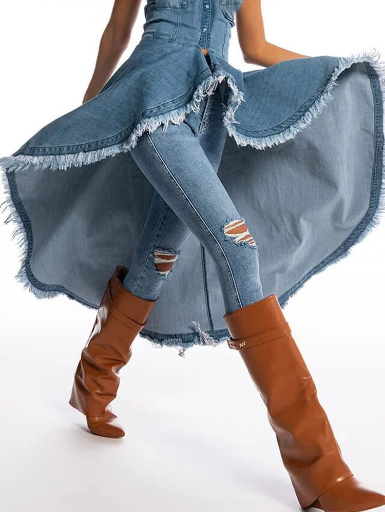 UR Fashion Raw Edge Denim High Low Midi Tank Dress