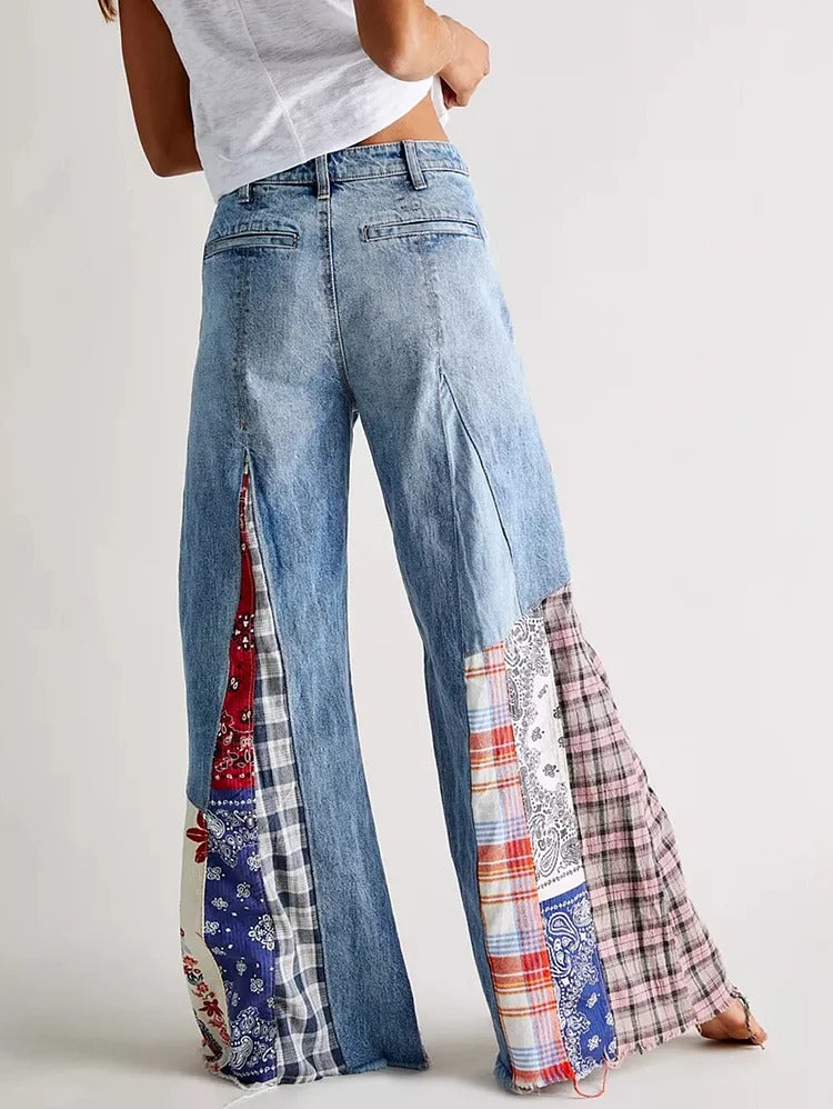 Vintage Denim Boho Patchwork Knopf High Waist Wide Leg Jeans