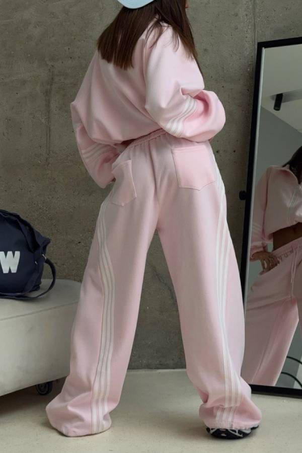 Side Stripe Cropped Zip Sweatshirt Wide Leg Pants Two Piece Set