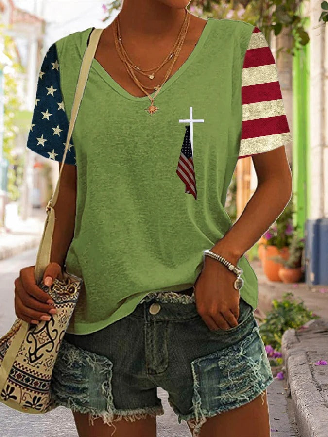 Women's Flag Print Casual V-Neck T-Shirt