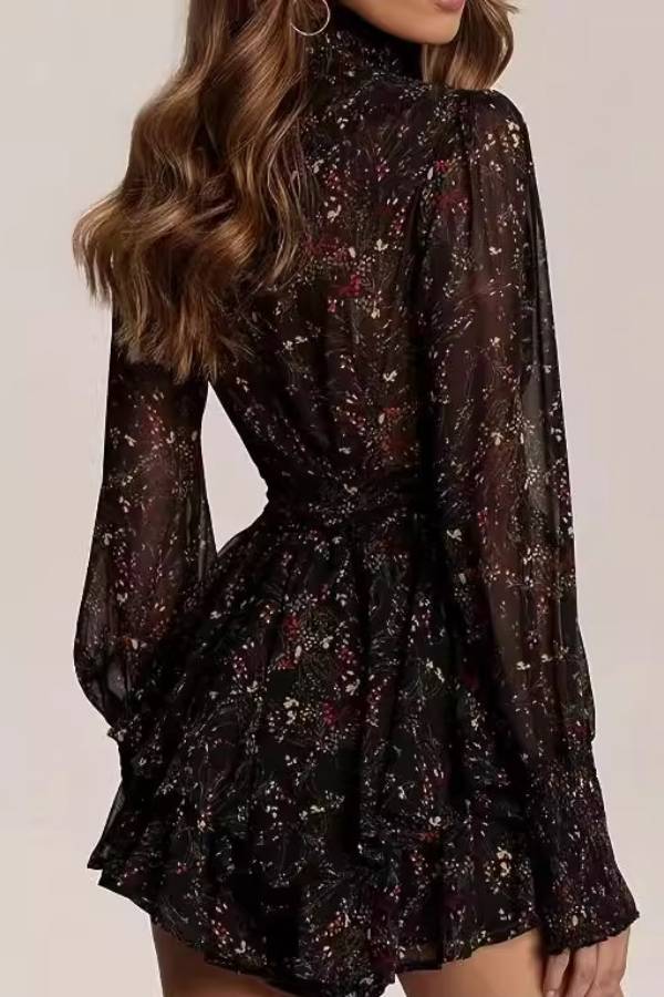 Ruffle Mock Neck Chiffon Floral Long Sleeve Romper