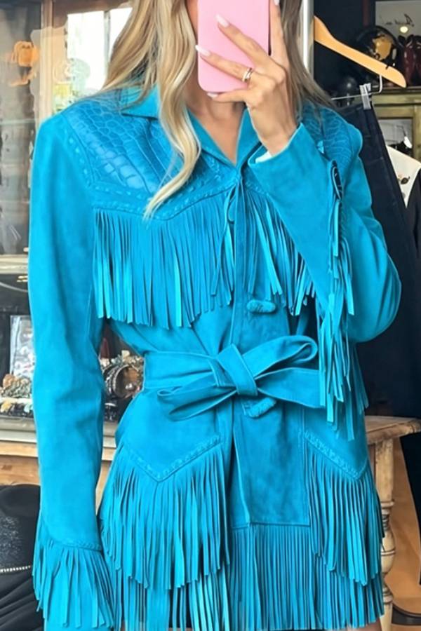 Western Style Lapel Fringe Waist‑Tie Mini Dress Coat