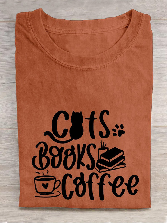 Cats Books Coffee Lover Casual Print T-shirt