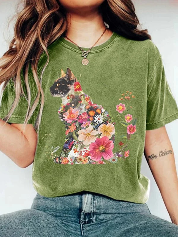 T-shirt imprimé chaton fleuri mignon pour femme
