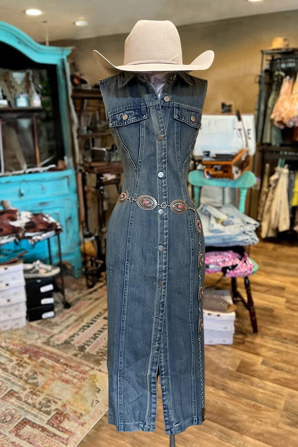 Robe en jean sans manches à col chemise vintage