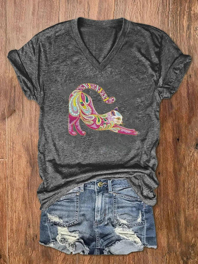 T-shirt col V à imprimé chat brodé pour femme