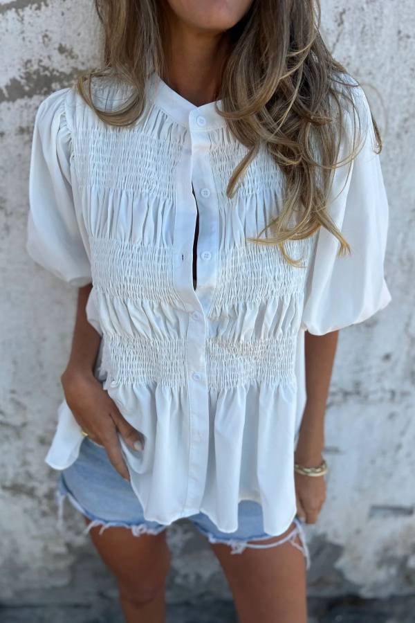 Stand Collar Smocked Puff Short Sleeve Peplum Blouse