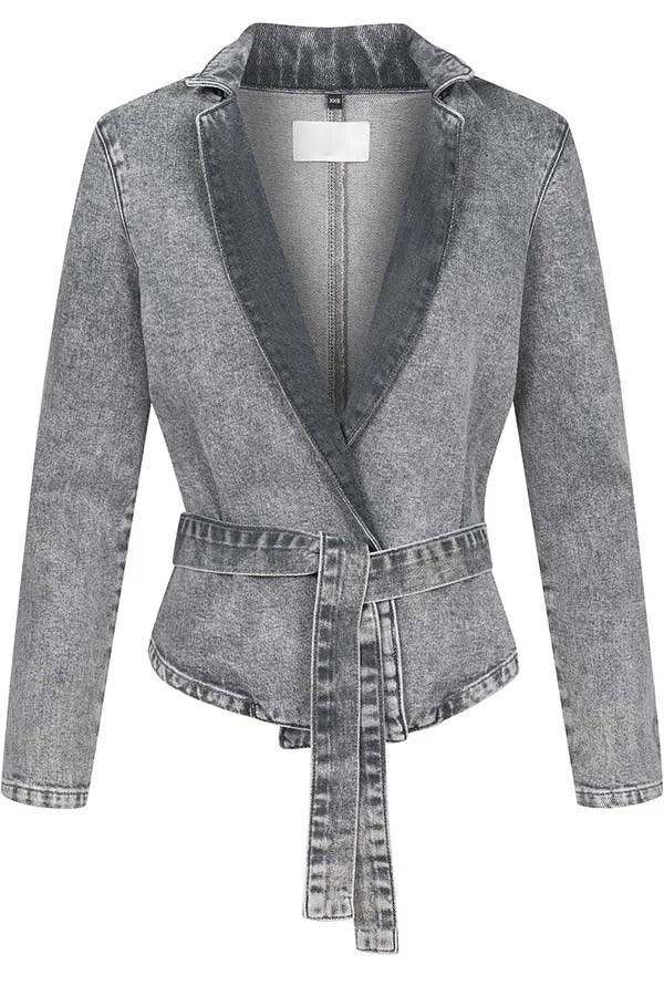 Casual Meetup Denim Stand Neck Long Sleeve Belted Loose Jacket