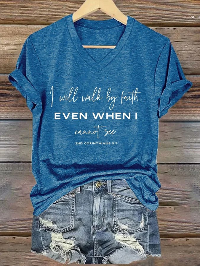 Damen T-Shirt mit Aufdruck „Ich werde im Glauben wandeln, auch wenn ich nichts sehen kann“
