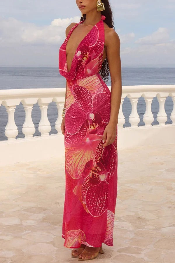 Perfect Sultry Look Unique Print Drape Cowl Neck Halter Maxi Dress