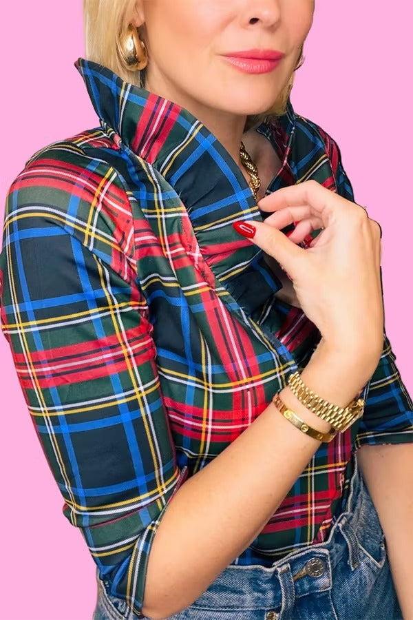 Duke of York Holiday Plaid Ruffle Stand Neck Half Sleeve Blouse