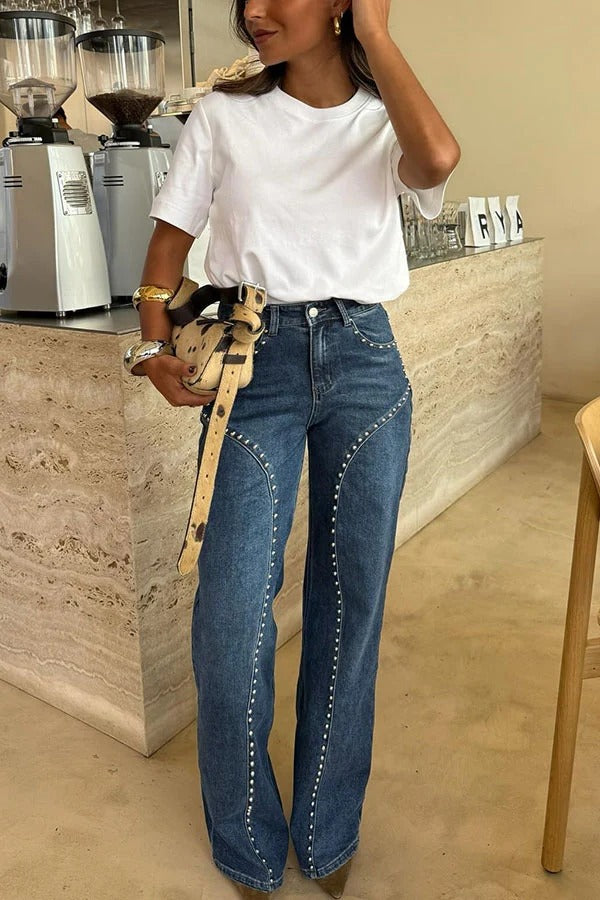 Trendy and Unique Denim Beaded High Rise Pocket Straight Leg Jeans