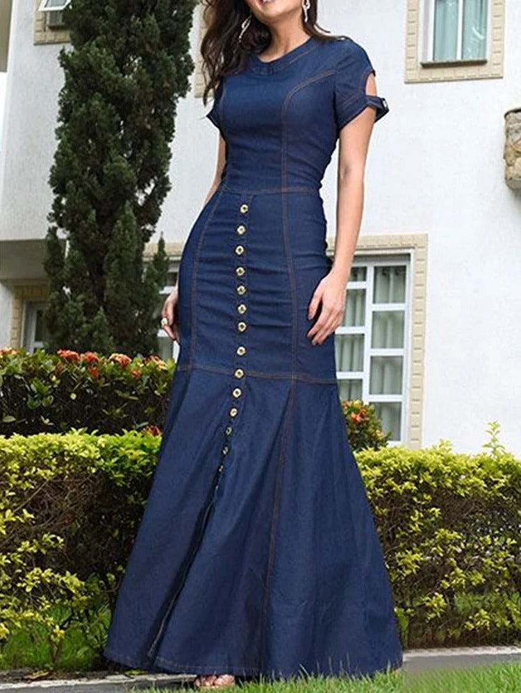 Robe longue moulante en jean à manches courtes et couleur unie UR Fashion