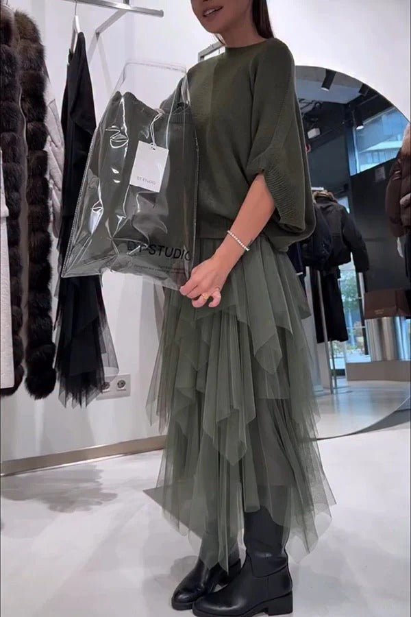 Erini Knit Batwing Sleeve Sweate and Layered Ruffle Mesh Tank Midi Dress Two Pieces Set