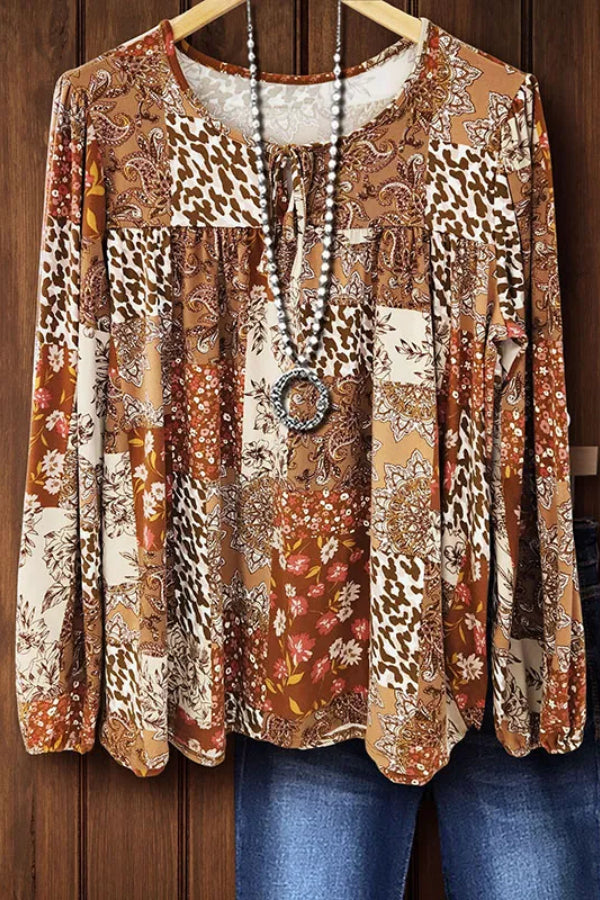 MIXED PRINT TIE COLLAR PUFF SLEEVE TOP