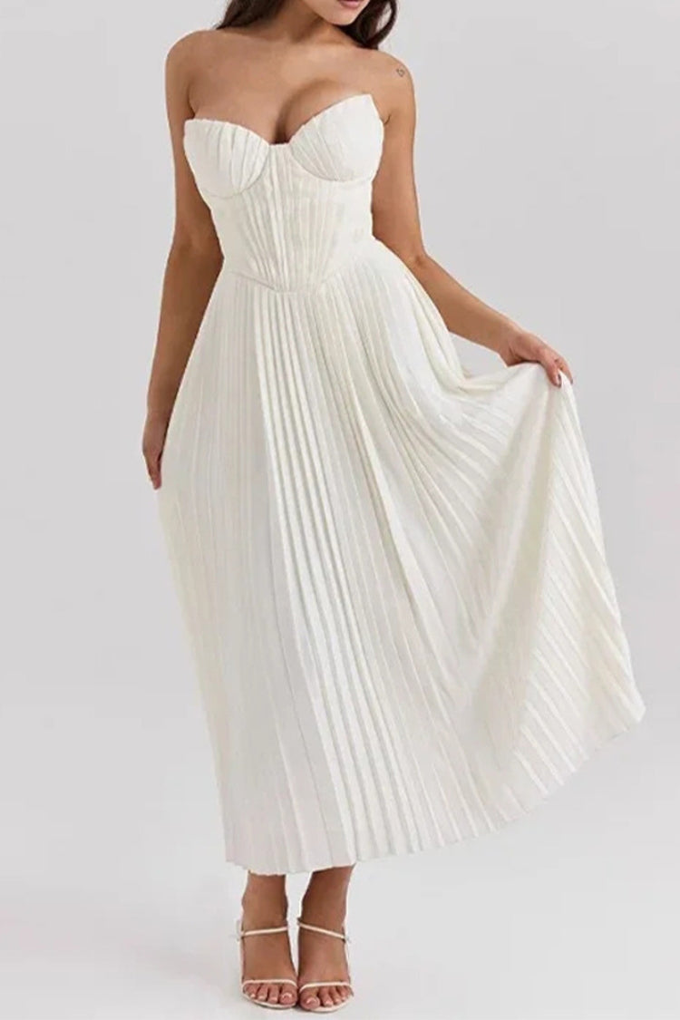 Strapless Cinch Waist Pleated Maxi Dresses