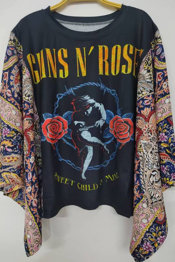Guns N' Roses Print Patchwork Sleeve Top
