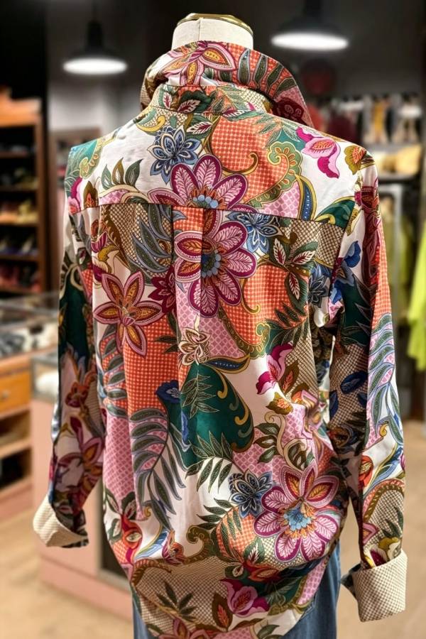 Multi Floral Print Collared Long Sleeve Blouse