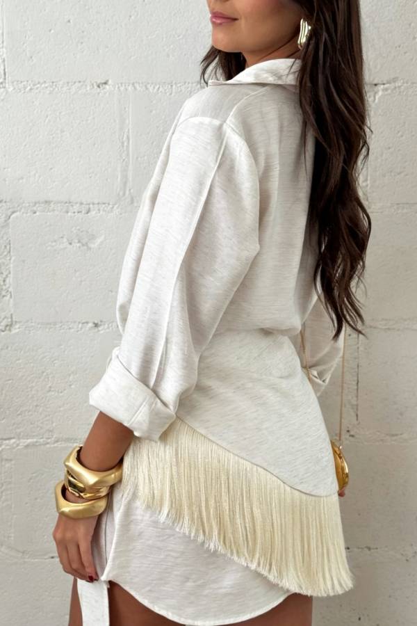 Textured Long Sleeve Shirt & Fringe Wrap Mini Skirt 2 Piece Vacation Set