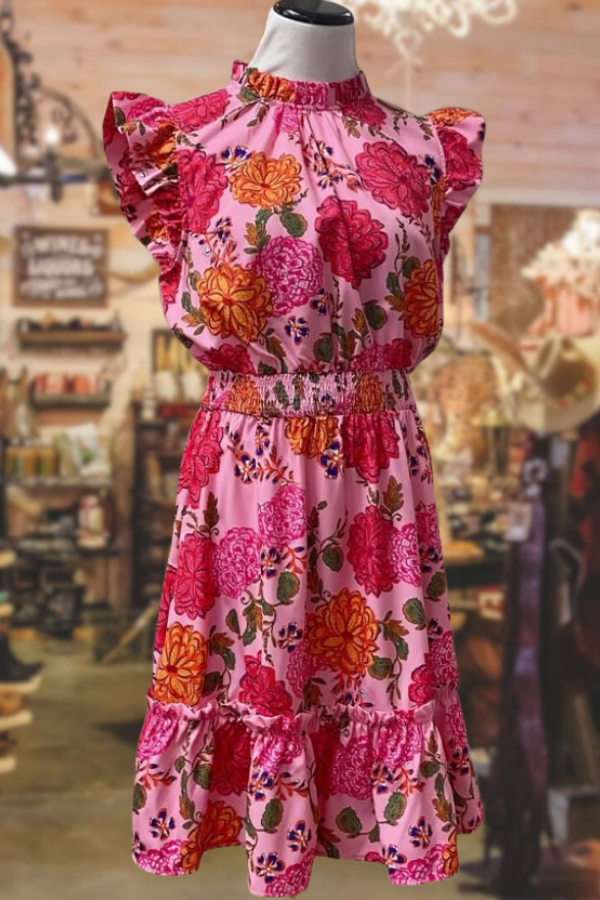 Floral Print Ruffle Sleeve Smocked Waistband Mini Dress