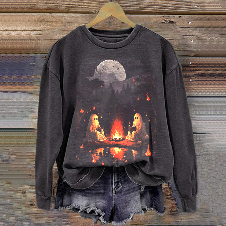 Sweat-shirt vintage de camping avec lecture de livre fantôme