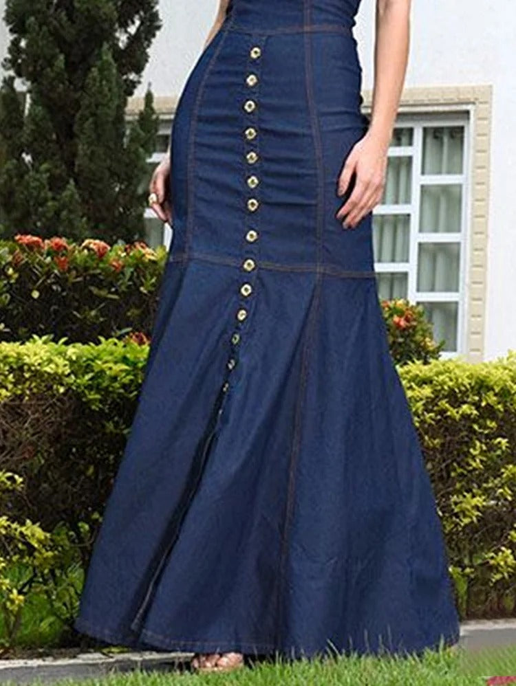 Robe longue moulante en jean à manches courtes et couleur unie UR Fashion