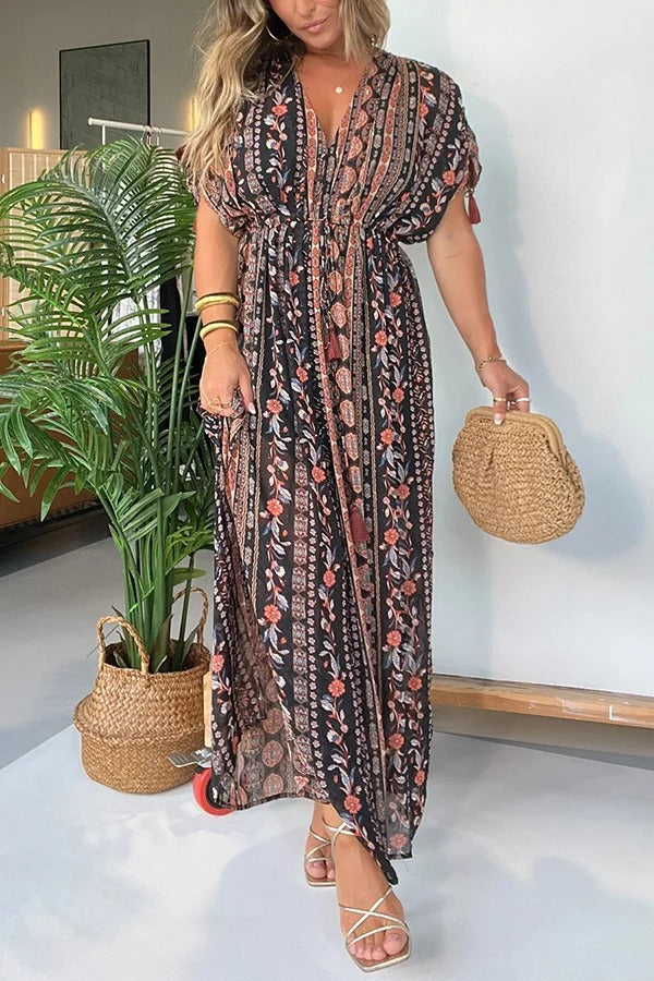 Ethnic Style Unique Print V-neck Loose Maxi Dress