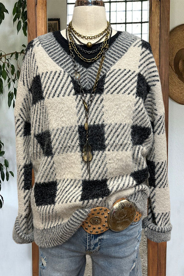 Casual V-neck Plaid Sweater