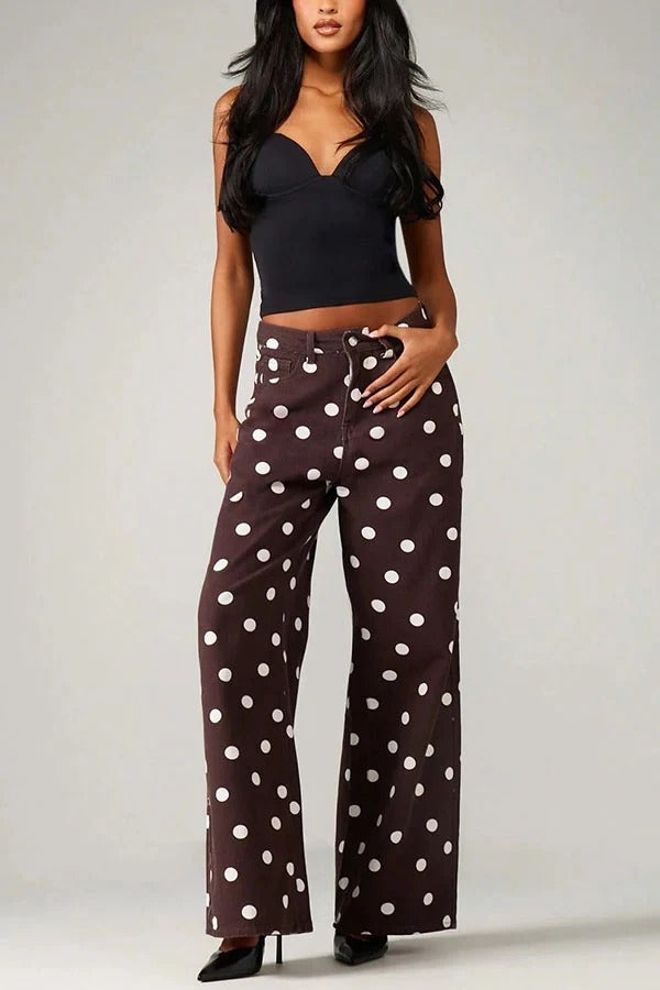 Retro Style Polka Dot Print High Waist Pocketed Wide Leg High Waisted Jeans