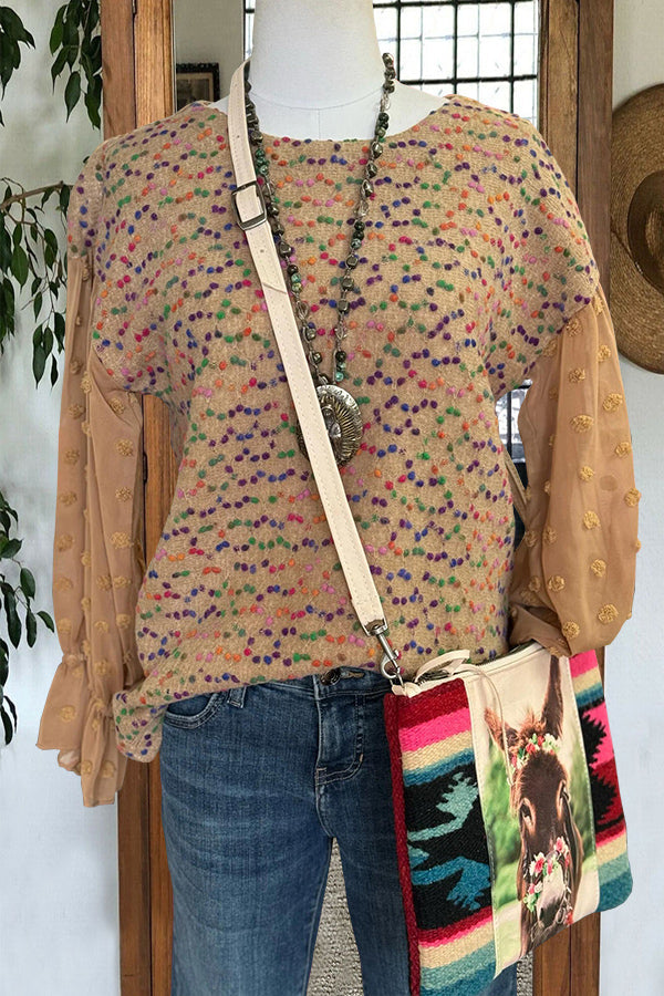 Colorful Textured Mesh Sleeve Sweater