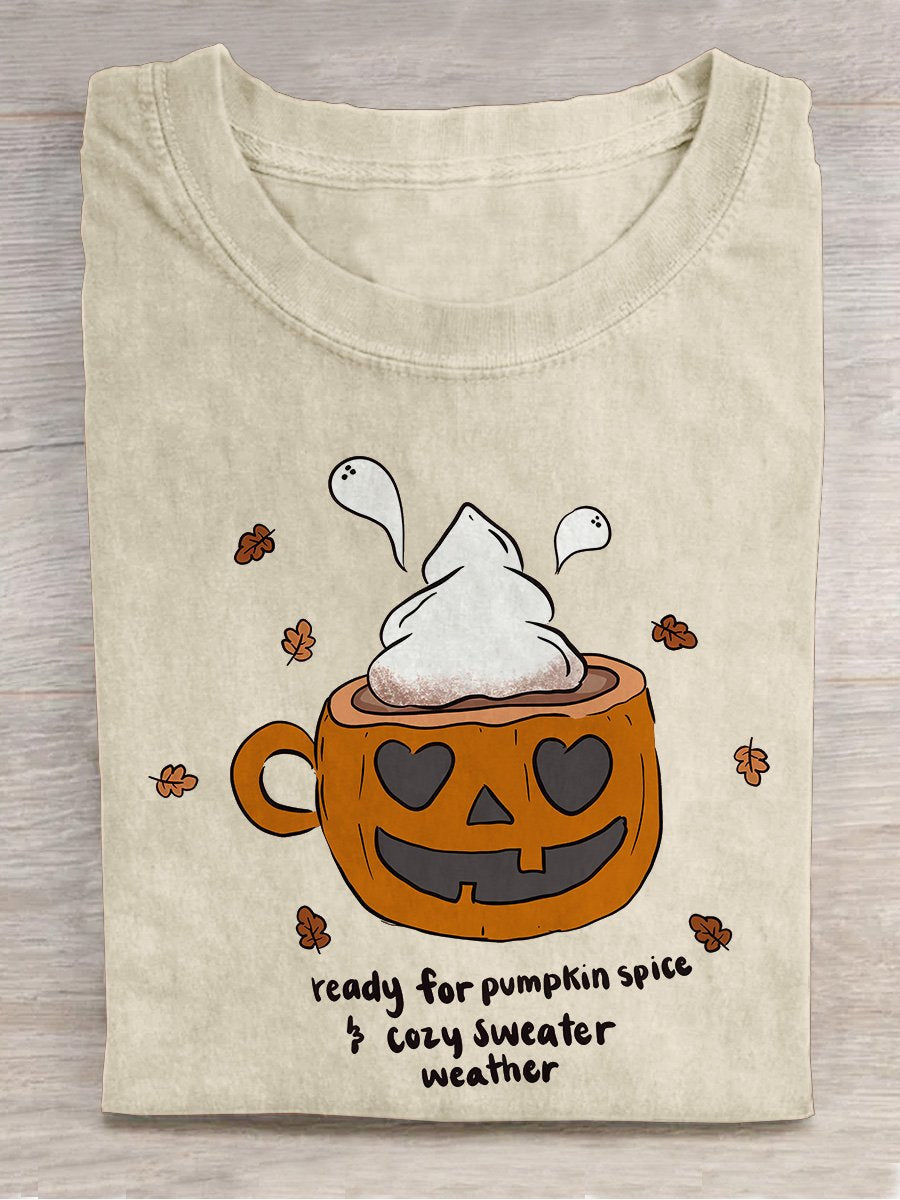 Pumpkin Spice Mug Halloween Casual Print T-shirt