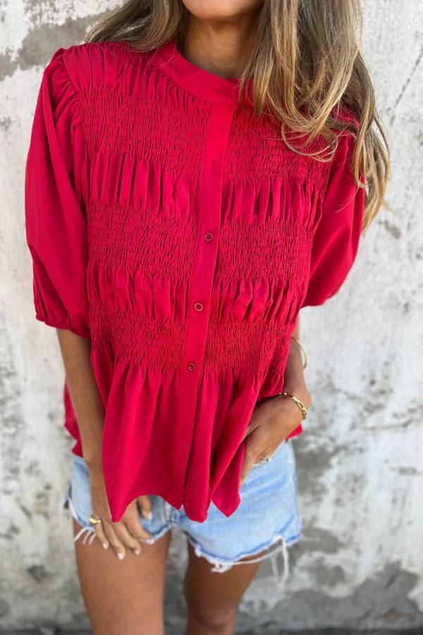 Stand Collar Smocked Puff Short Sleeve Peplum Blouse