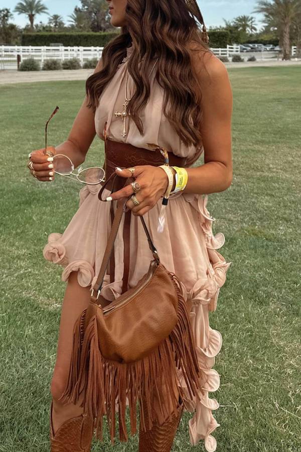 Haut trapèze irrégulier en mousseline de soie à volants ondulés et romantique