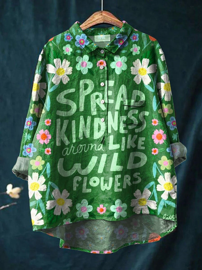 Oh Happy Day Lovely Floral Art Print Casual Cotton And Linen Shirt