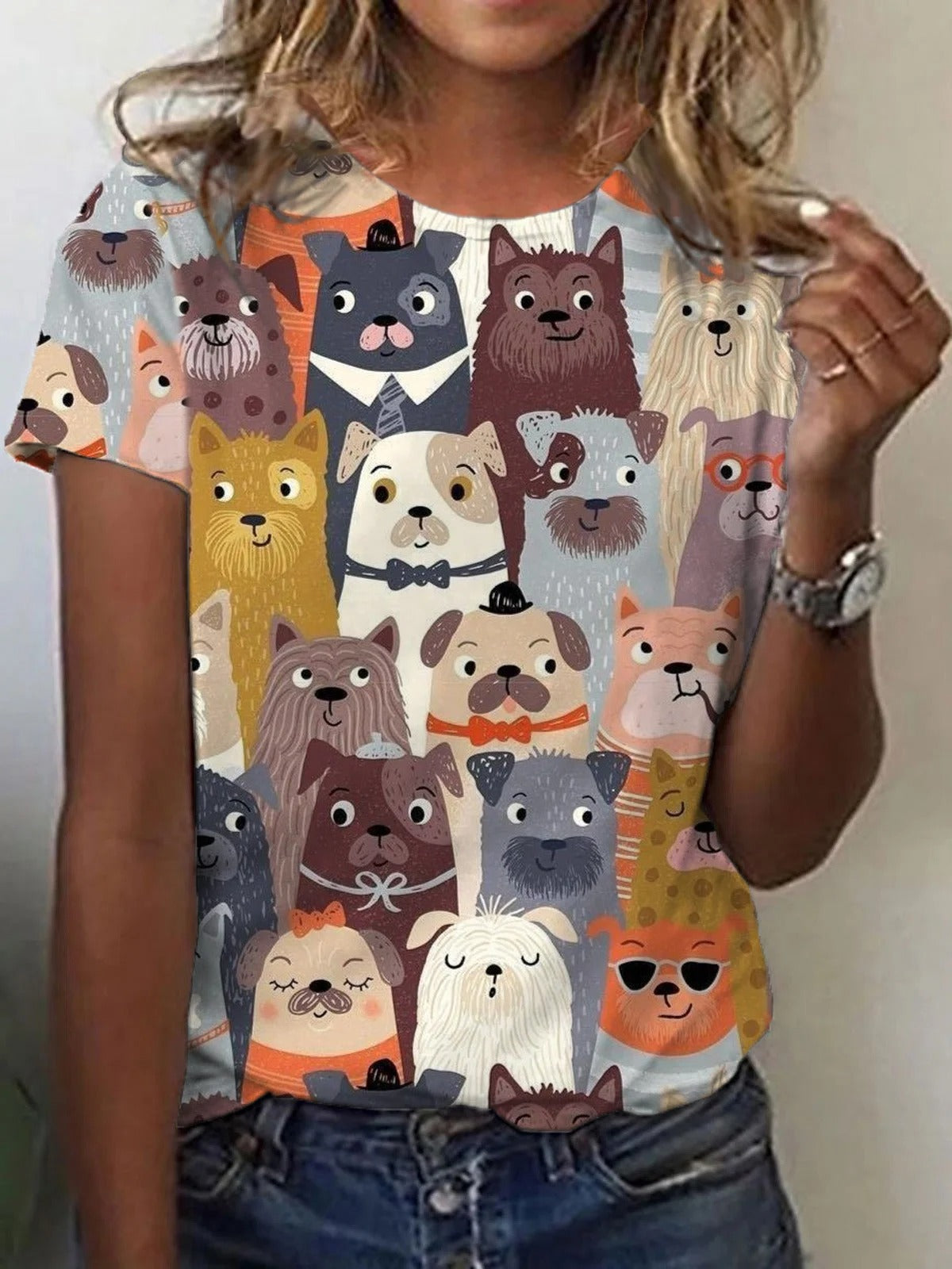 T-shirt décontracté à imprimé chiens amusants pour femme
