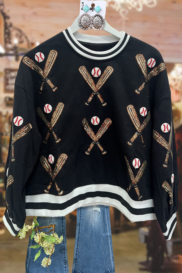 Casual Contrast Color Baseball Sequined Sweatshirt