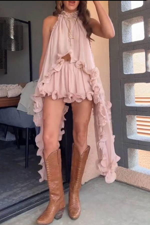 Haut trapèze irrégulier en mousseline de soie à volants ondulés et romantique