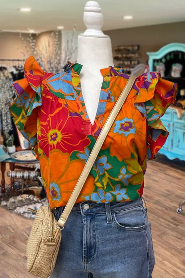 Colorful Floral Print V-Neck Ruffle Sleeve Top