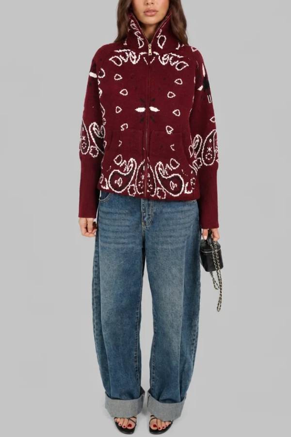 Paisley Bandana Print High Collar Zip Up Knit Cardigan
