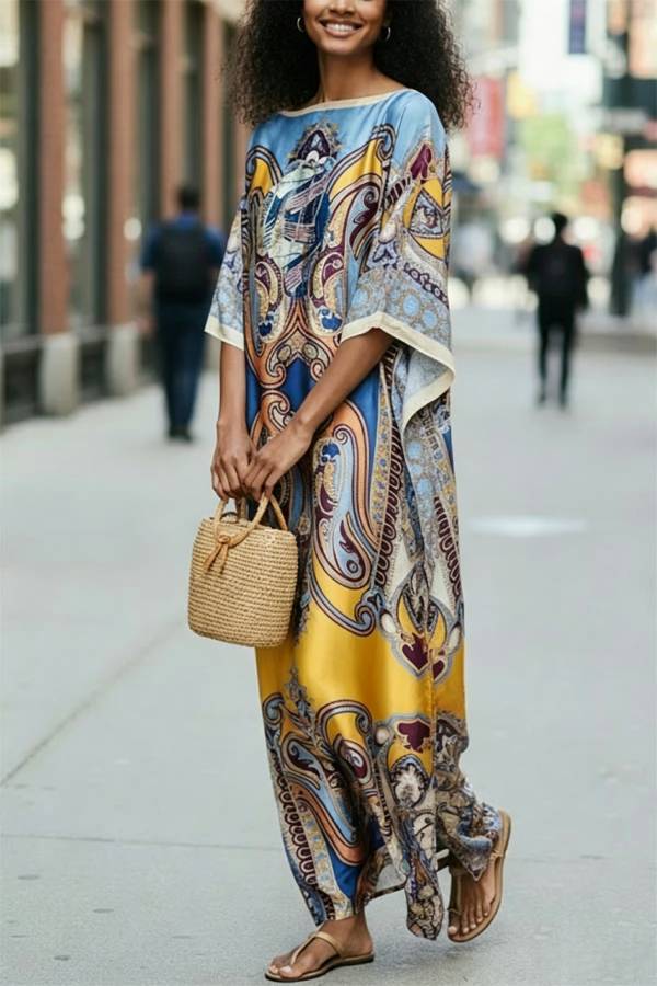 Luxury Vacation Satin Court-style Printed Batwing Sleeve Loose Kaftan Maxi Dress